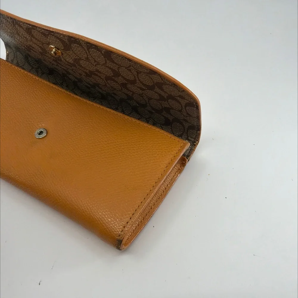 Coach Tan Pebbled Leather Signature Canvas Flap Wallet